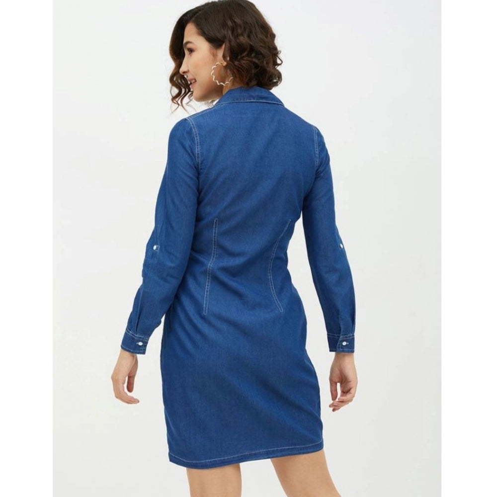 Generic Women's Denim Solid Long Sleeves Above Knee Dress (Blue) Secondary image
