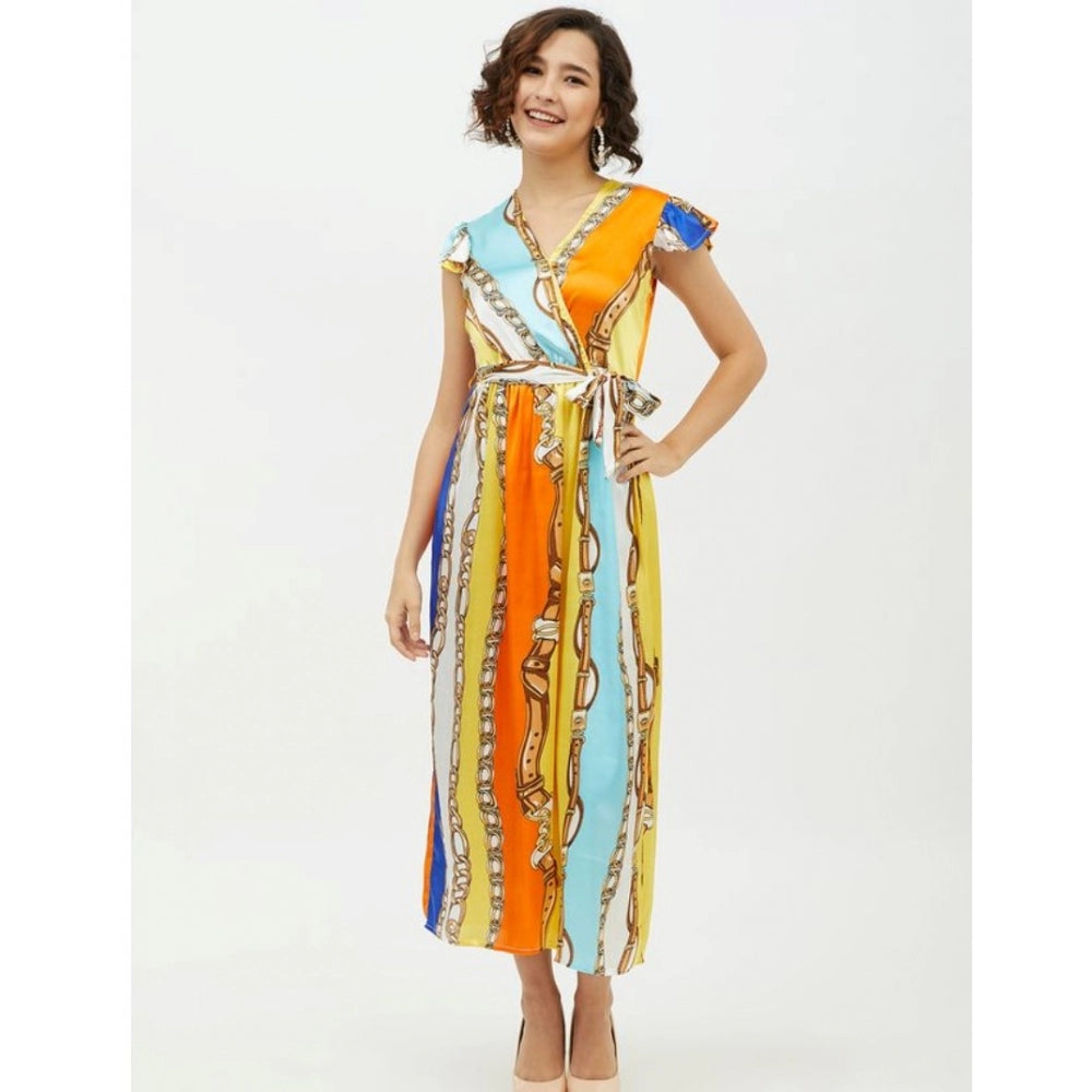 Generic Women's Satin Chain Print Cap Sleeve Calf-length Dress (Multicolor) Secondary image