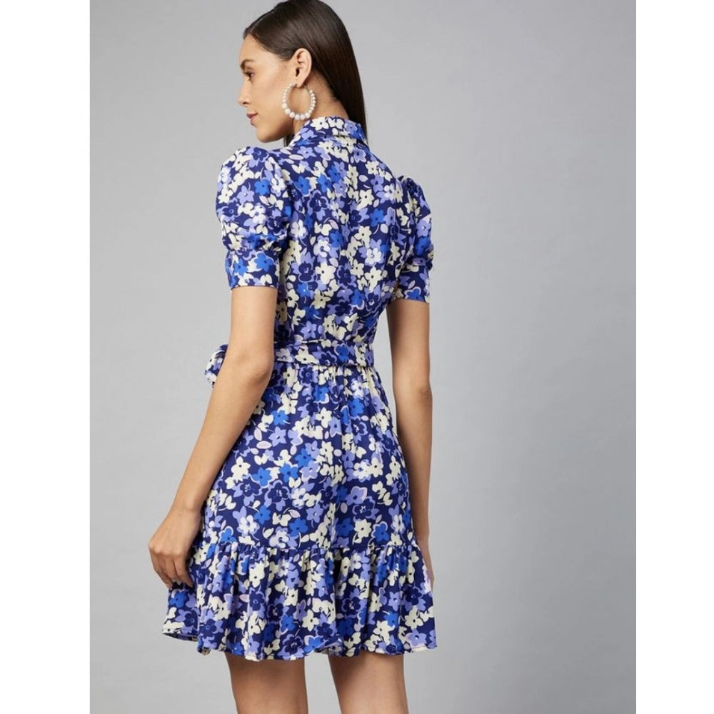 Generic Women's Polyester Floral Short Sleeve Above Knee Dress (Blue - Purple) Secondary image