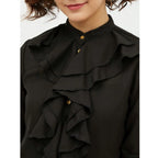 Generic Women's Polyester Ruffled Long Sleeves Standard Length Shirt (Black)