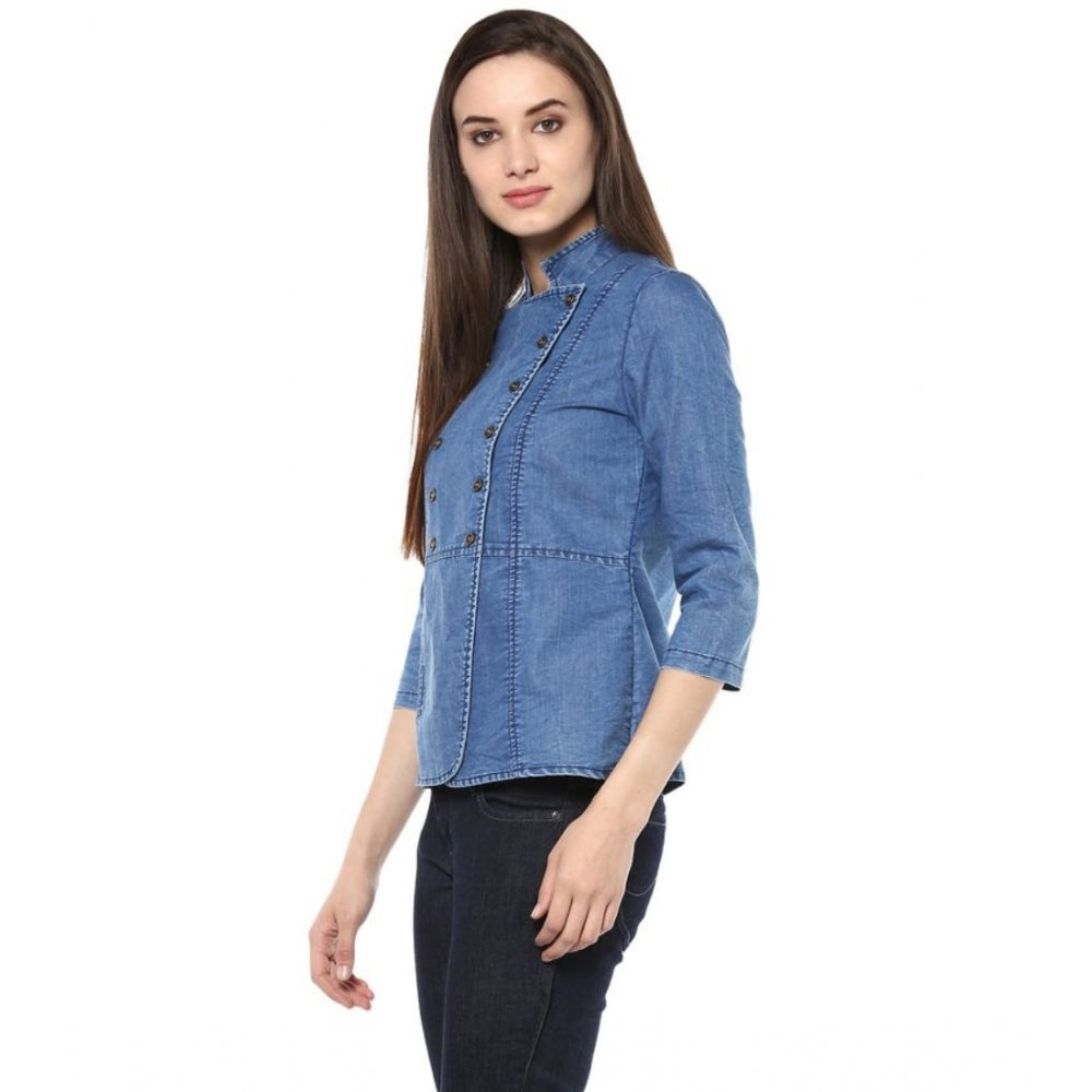 Generic Women's Denim Solid 3-4th Sleeves Regular Top (Blue)