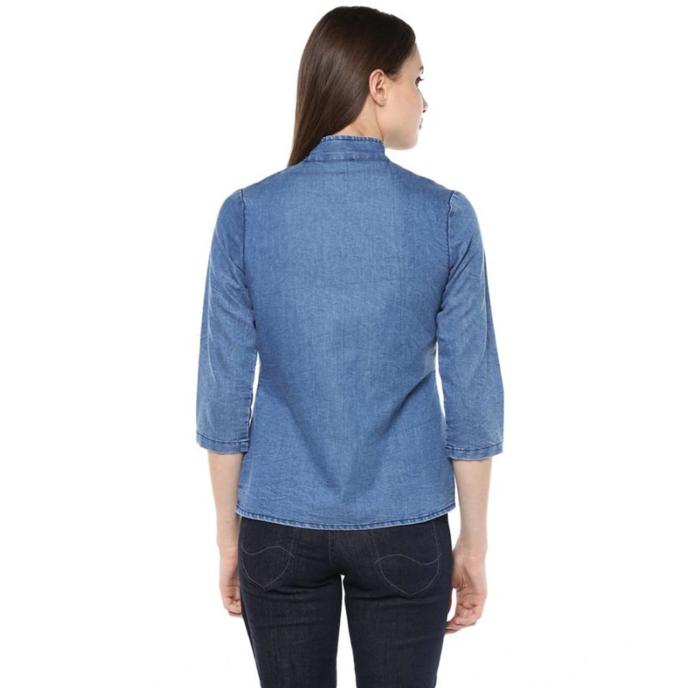 Generic Women's Denim Solid 3-4th Sleeves Regular Top (Blue) Secondary image