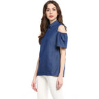 Generic Women's Denim Solid Cold Shoulder Regular Top (Blue)