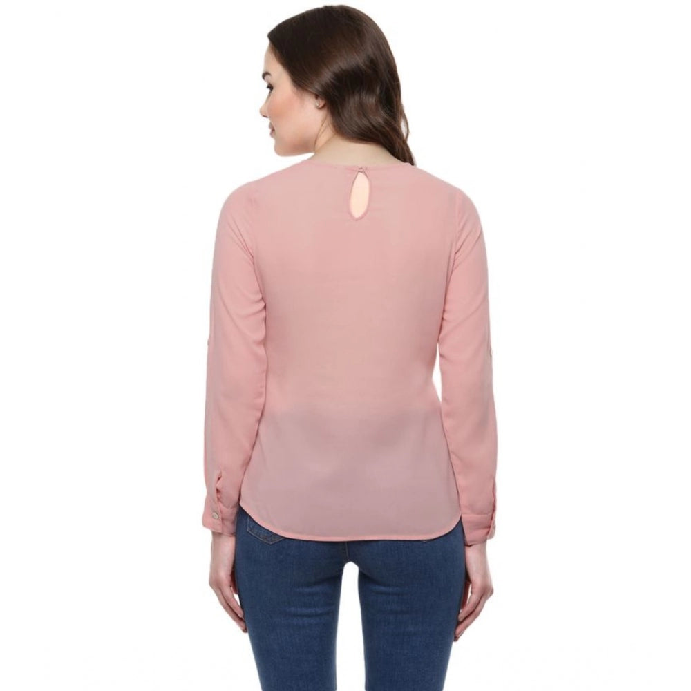 Generic Women's Polyester Solid Long Sleeves Regular Top (Pink) Secondary image