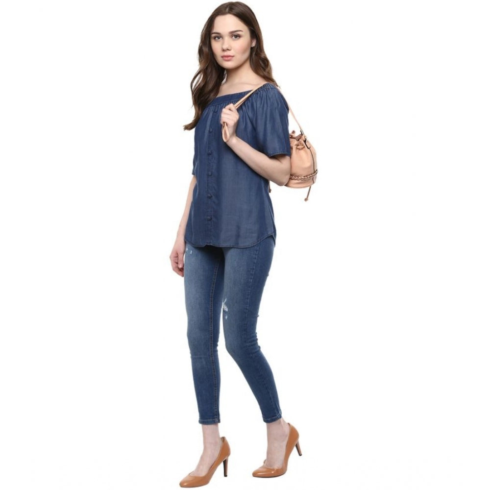 Generic Women's Denim Solid Short Sleeve Regular Top (Blue) Secondary image