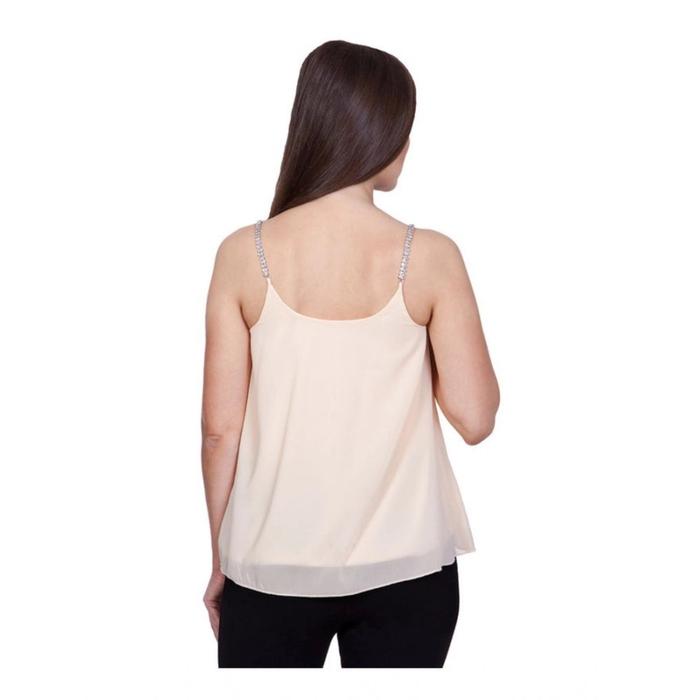 Generic Women's Polyester Solid Shoulder Straps Regular Top (Beige) Secondary image
