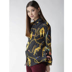 Generic Women's Satin Printed Long Sleeves Standard Length Shirt (Black - Gold)
