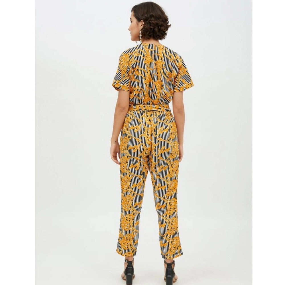 Generic Women's Polyester Printed Half Sleeve Long Jumpsuit (Yellow) Secondary image