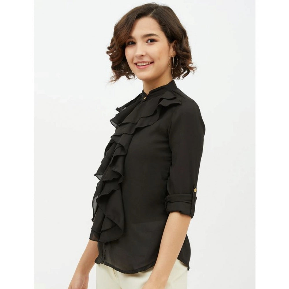 Generic Women's Polyester Ruffled Long Sleeves Standard Length Shirt (Black)