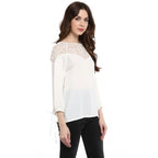 Generic Women's Polyester Georgette Self Design 3-4th Sleeves Regular Top (White)