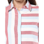 Generic Women's Cotton Striped Roll Up Sleeve Regular Top (Red)