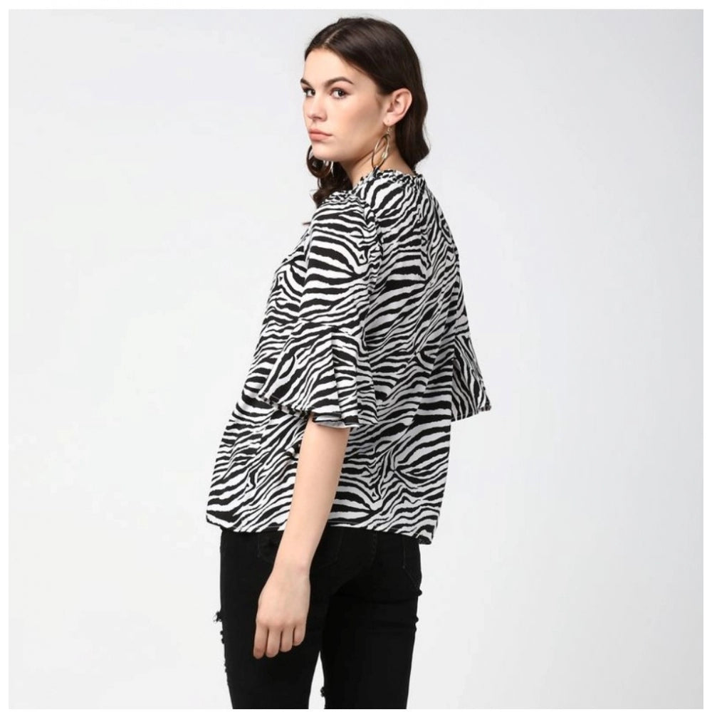 Generic Women's Polyester Animal Print Bell Sleeve Top (Black - White) Secondary image