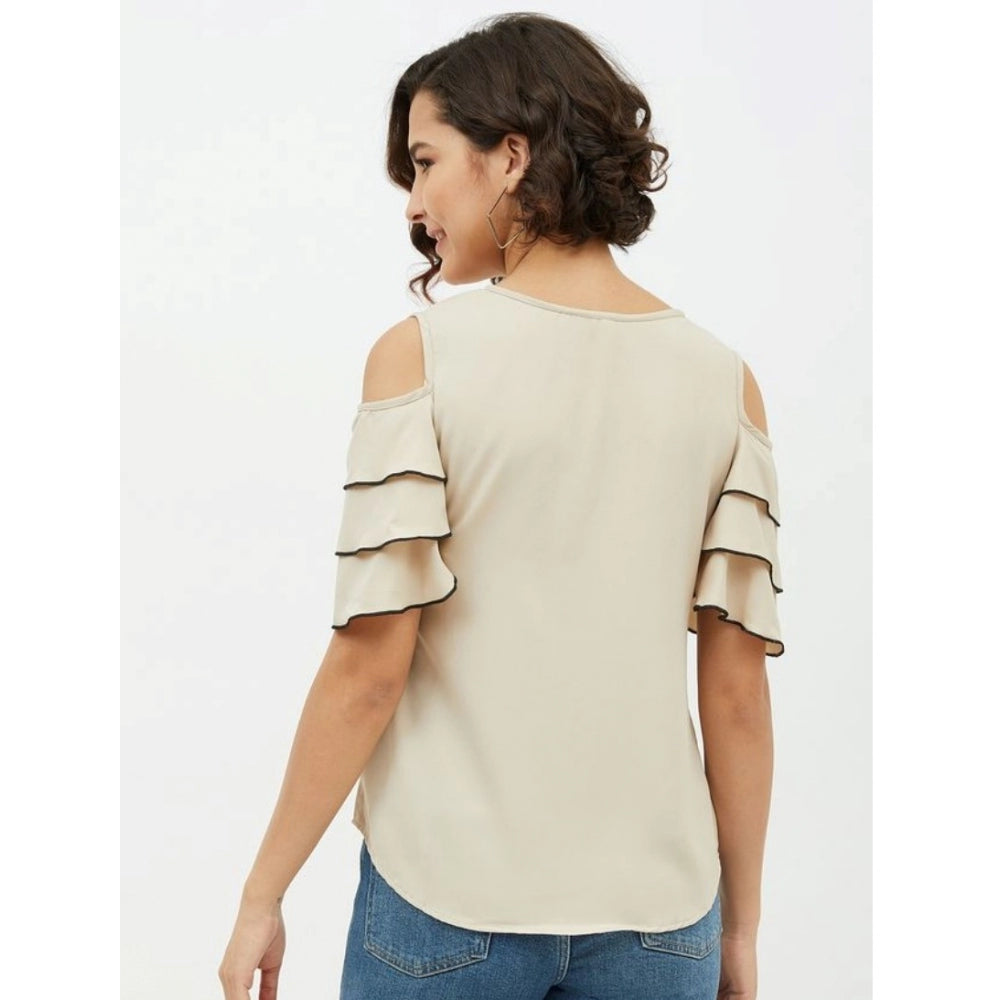 Generic Women's Polyester Tiered Cold Shoulder Top (Beige) Secondary image