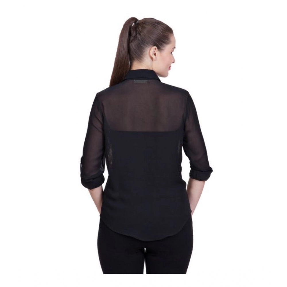 Generic Women's Polyester Printed Roll Up Sleeve Standard Length Shirt (Black) Secondary image