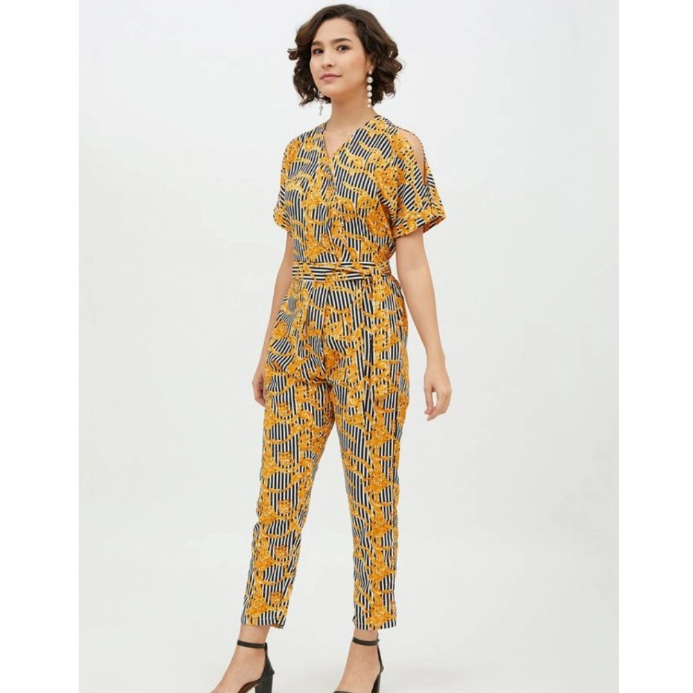 Generic Women's Polyester Printed Half Sleeve Long Jumpsuit (Yellow)
