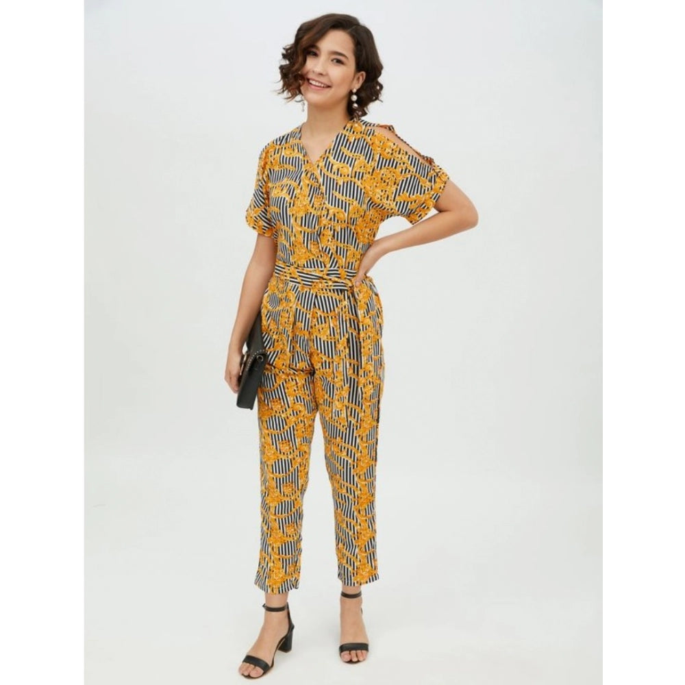 Generic Women's Polyester Printed Half Sleeve Long Jumpsuit (Yellow)