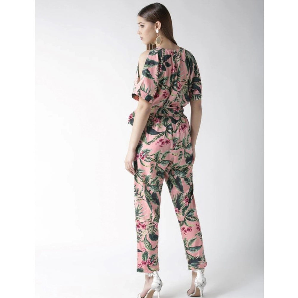 Generic Women's Polyester Floral Half Sleeve Jumpsuit (Pink) Secondary image