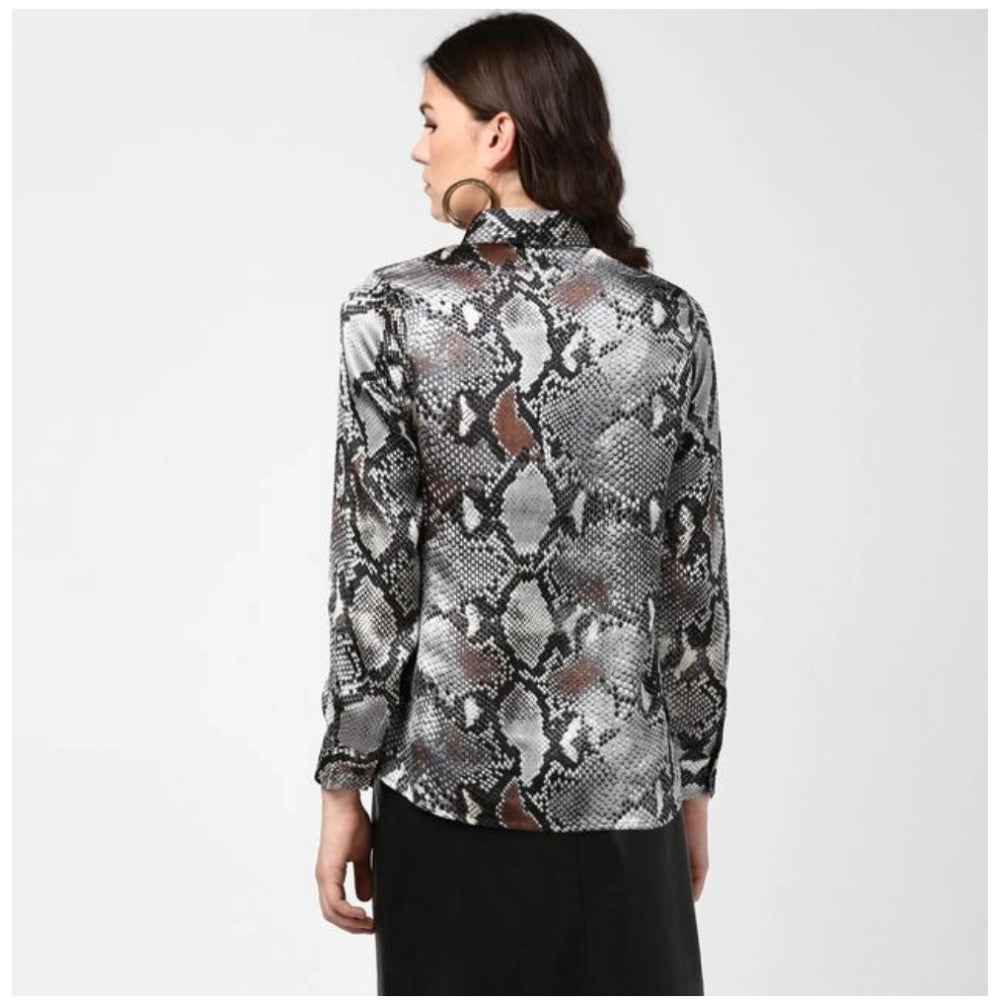 Generic Women's Satin Animal Print Long Sleeves Standard Length Shirt (Black - Grey) Secondary image
