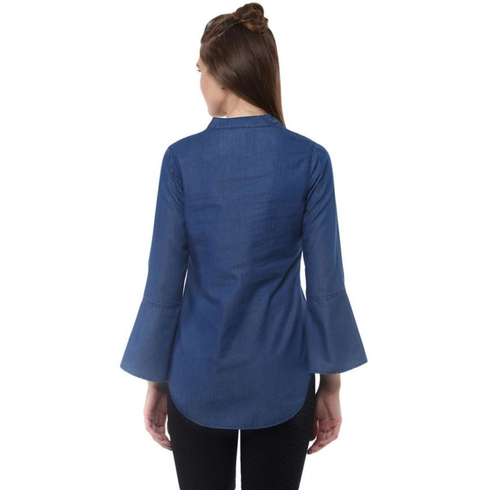 Generic Women's Denim Solid Bell Sleeve Regular Top (Blue Denim) Secondary image