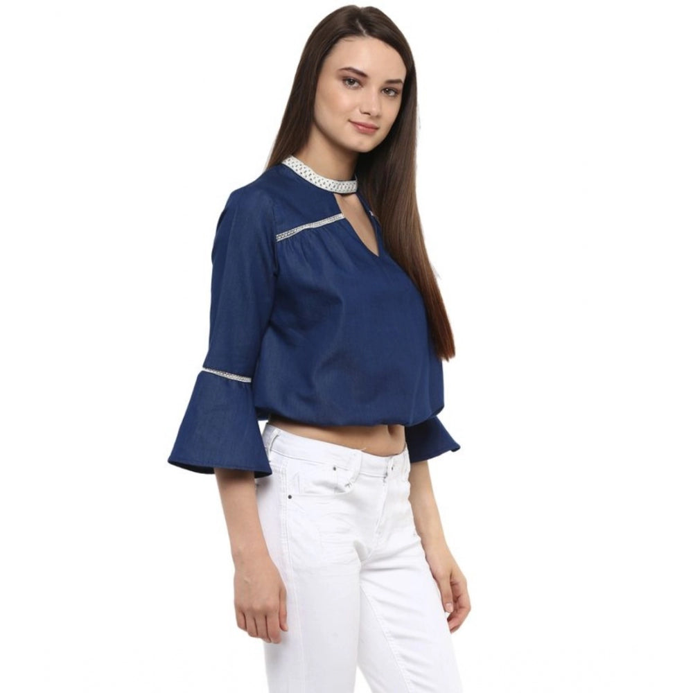 Generic Women's Polyester Solid Bell Sleeve Regular Top (Blue)