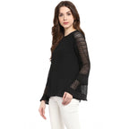 Generic Women's Polyester Georgette Self Design Bell Sleeve Regular Top (Black)