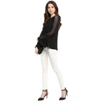 Generic Women's Polyester Georgette Self Design Bell Sleeve Regular Top (Black)