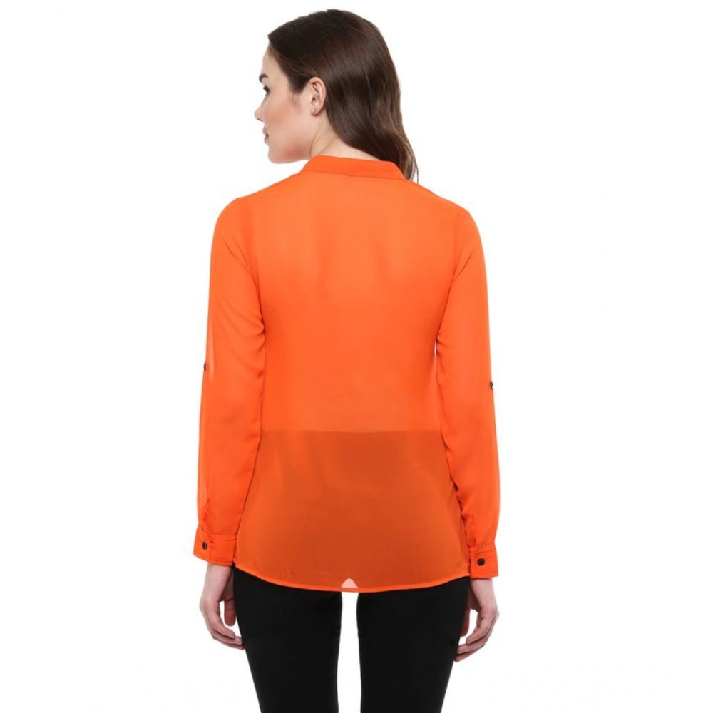 Generic Women's Polyester Solid Long Sleeves Regular Top (Orange) Secondary image