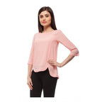 Generic Women's Polyester Solid 3-4th Sleeves Regular Top (Peach)
