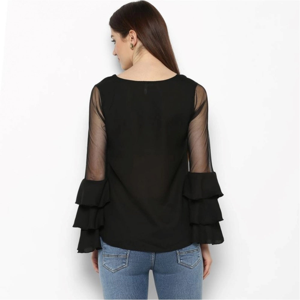 Generic Women's Polyester Solid Tier Sleeve Top (Black) Secondary image