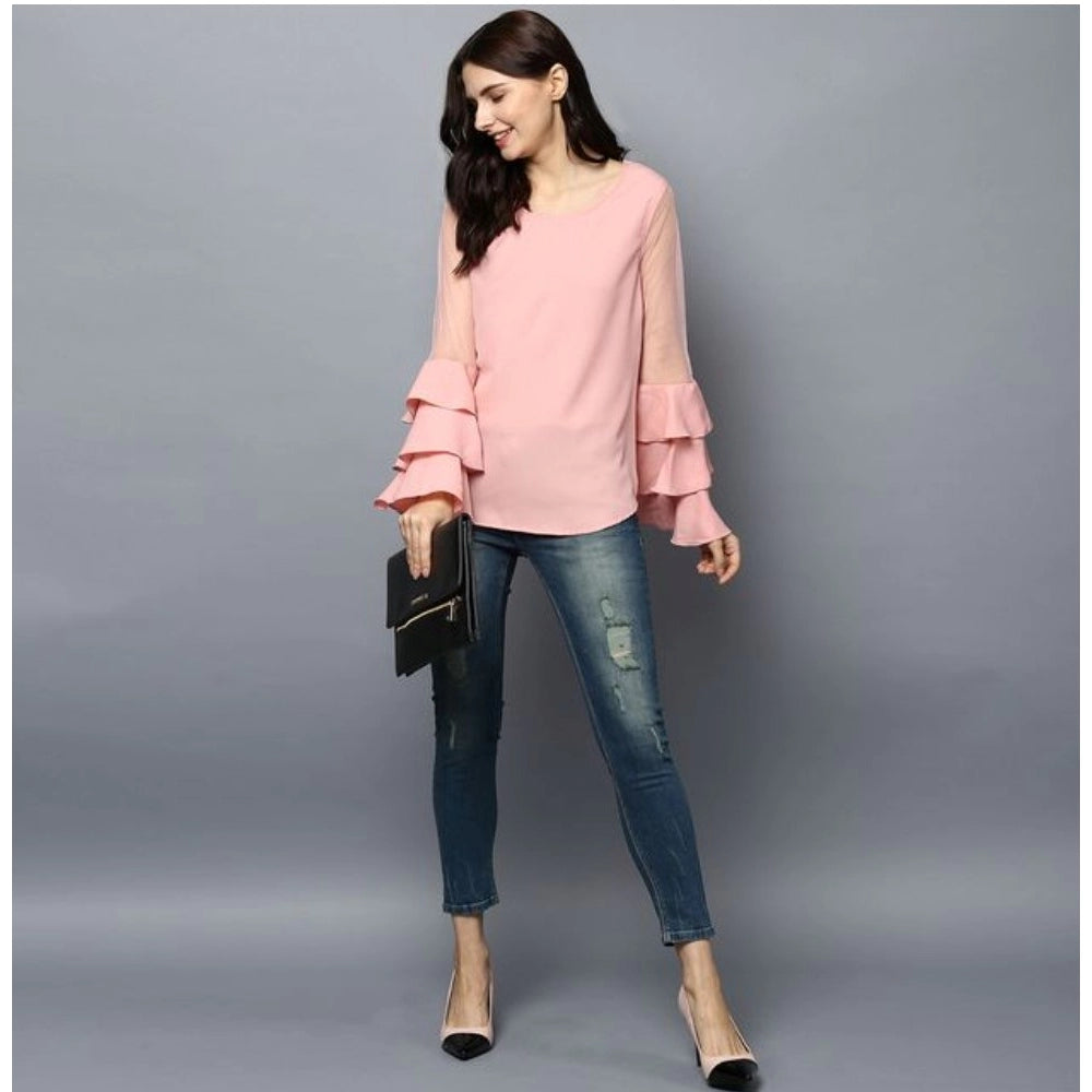Generic Women's Polyester Solid Tier Sleeve Top (Pink)