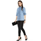 Generic Women's Denim Solid 3-4th Sleeves Standard Length Shirt (Blue)