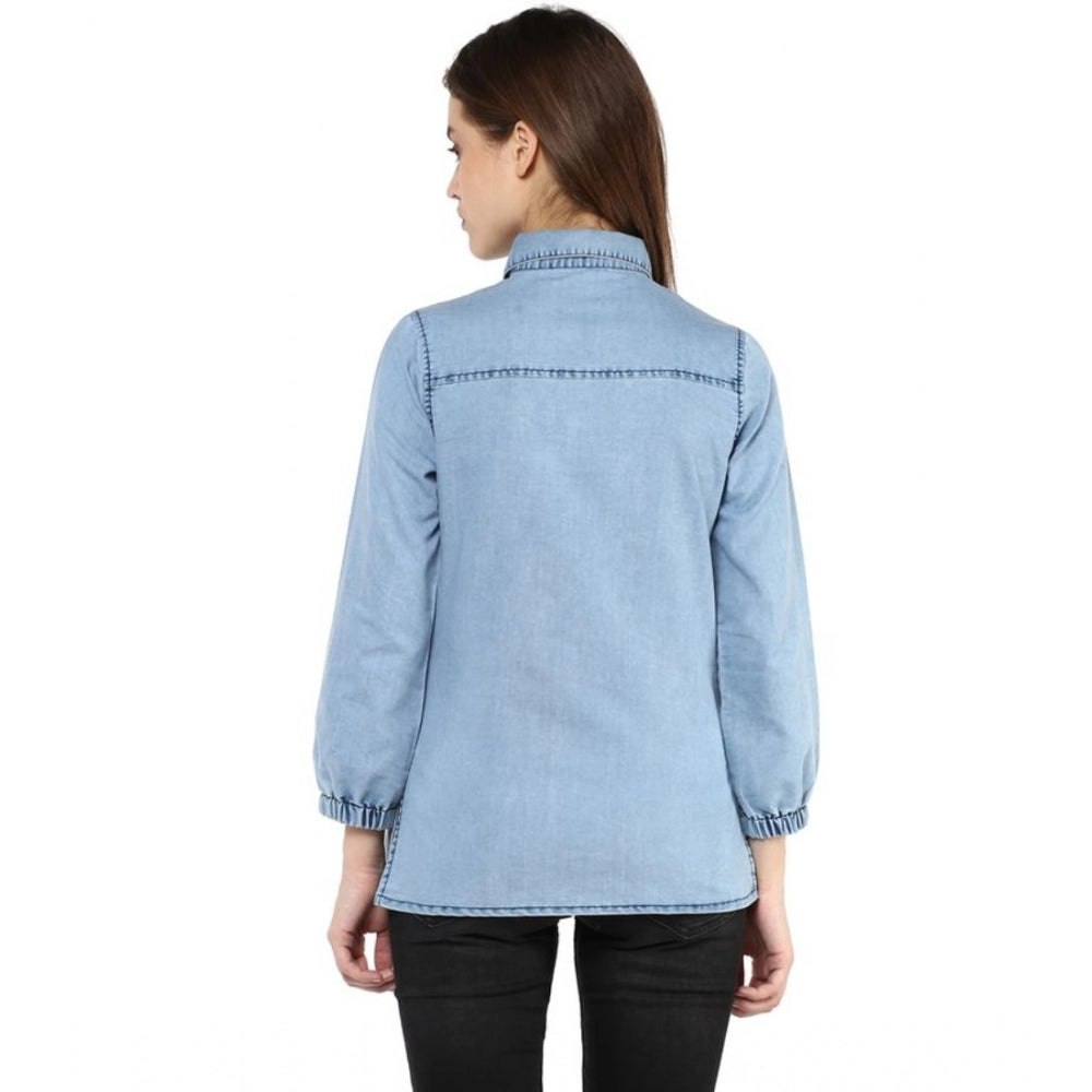 Generic Women's Denim Solid 3-4th Sleeves Standard Length Shirt (Blue) Secondary image