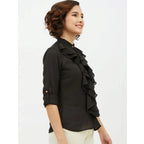 Generic Women's Polyester Ruffled Long Sleeves Standard Length Shirt (Black)