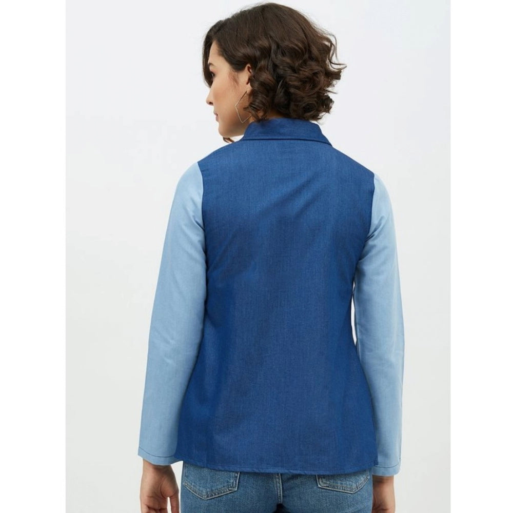 Generic Women's Denim Patch Work Long Sleeves Standard Length Shirt (Blue) Secondary image