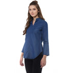 Generic Women's Denim Solid Bell Sleeve Regular Top (Blue Denim)