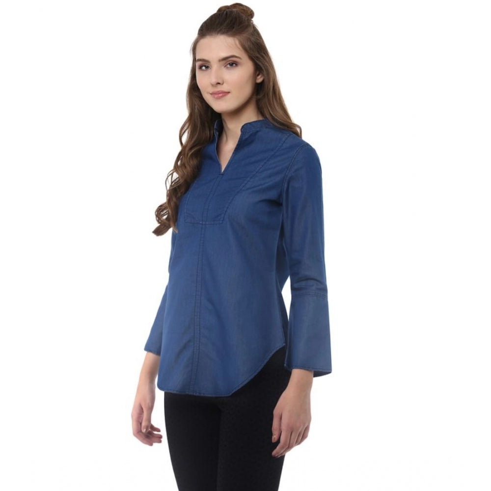 Generic Women's Denim Solid Bell Sleeve Regular Top (Blue Denim)