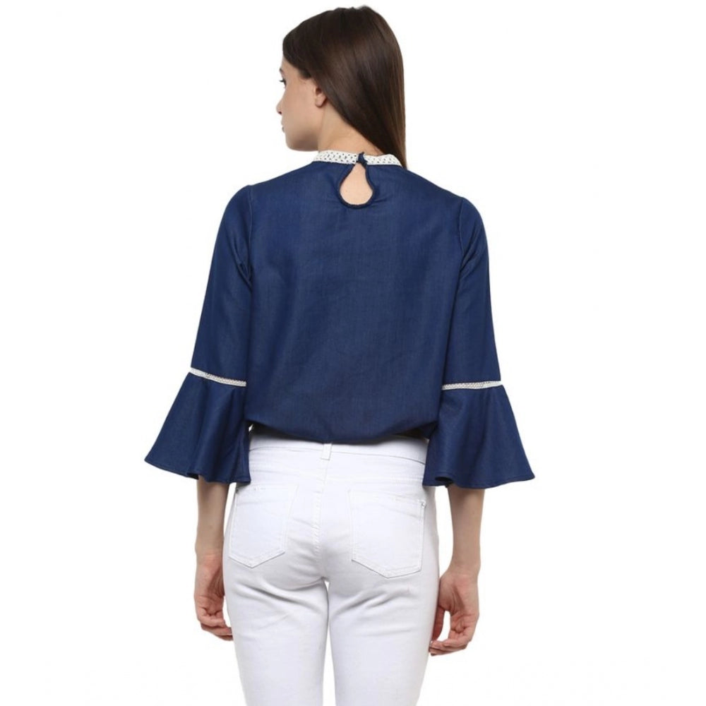 Generic Women's Polyester Solid Bell Sleeve Regular Top (Blue) Secondary image