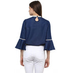 Generic Women's Polyester Solid Bell Sleeve Regular Top (Blue)