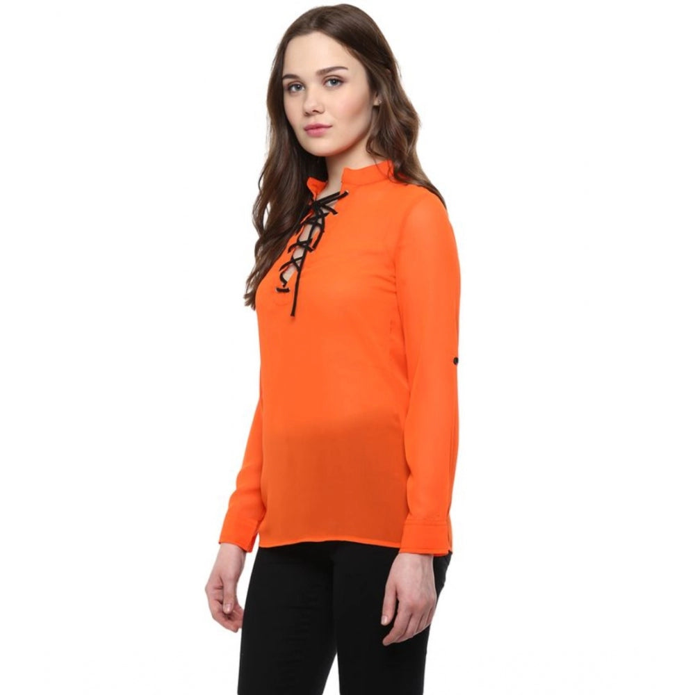 Generic Women's Polyester Solid Long Sleeves Regular Top (Orange)