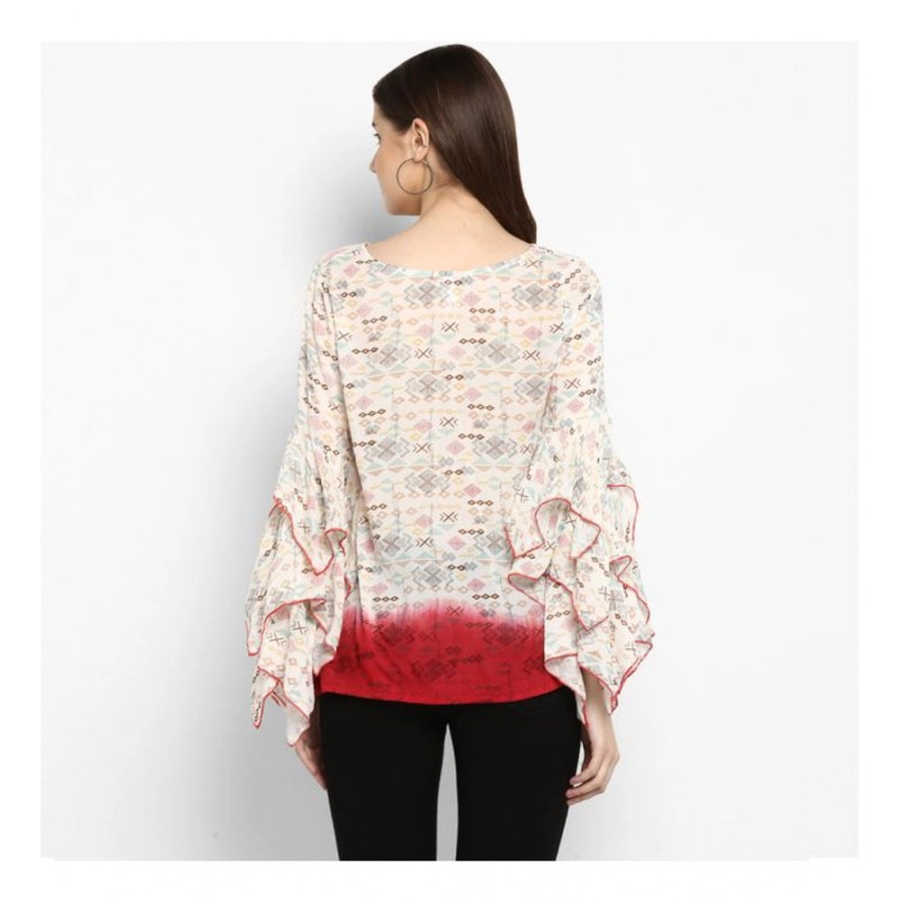 Generic Women's Rayon Crepe Printed Ruffle Sleeve Top (Off White - Red) Secondary image