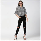 Generic Women's Polyester Animal Print Bell Sleeve Top (Black - White)