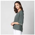 Generic Women's Polyester Printed 3-4th Sleeves Top (Green)