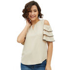 Generic Women's Polyester Tiered Cold Shoulder Top (Beige)