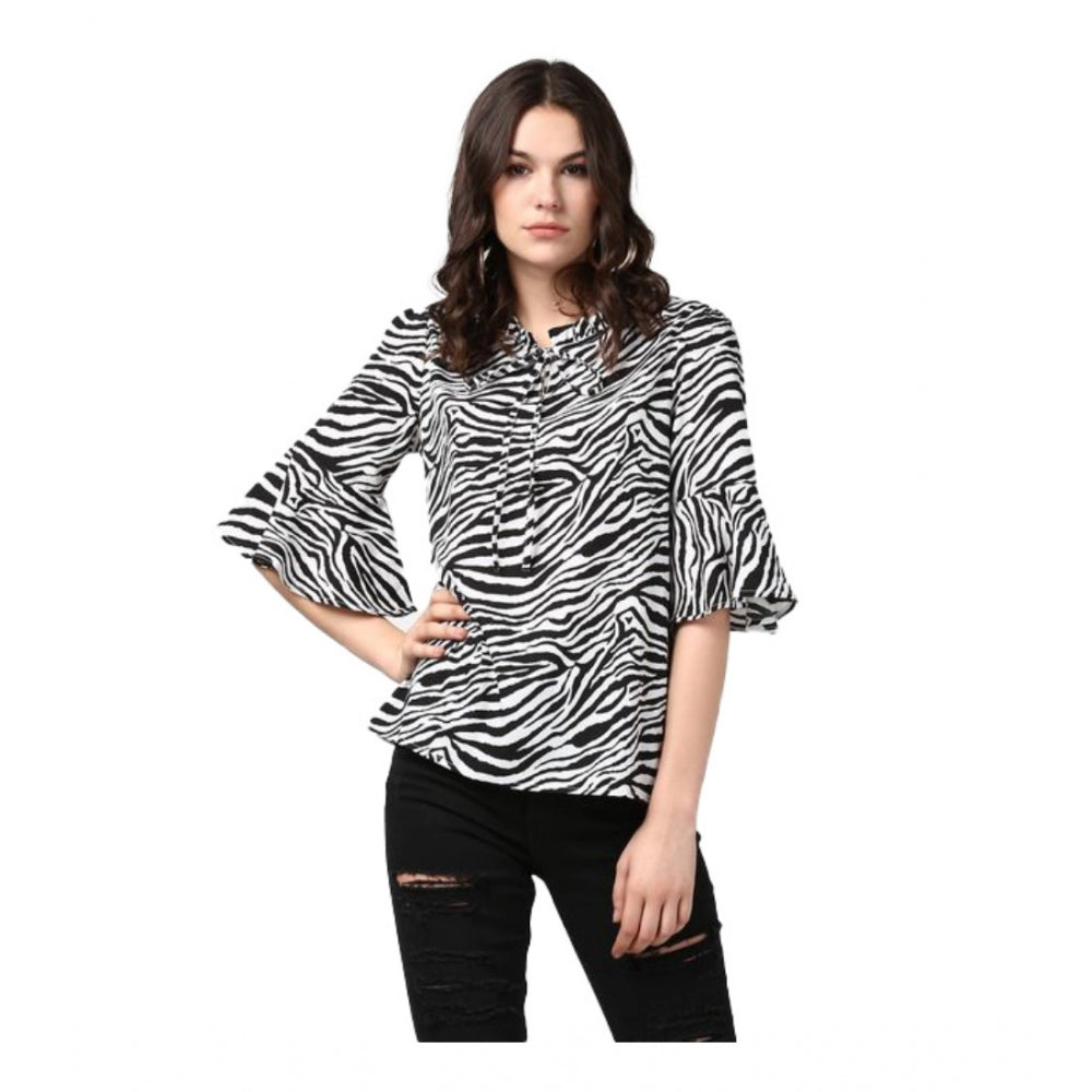 Generic Women's Polyester Animal Print Bell Sleeve Top (Black - White) Main image