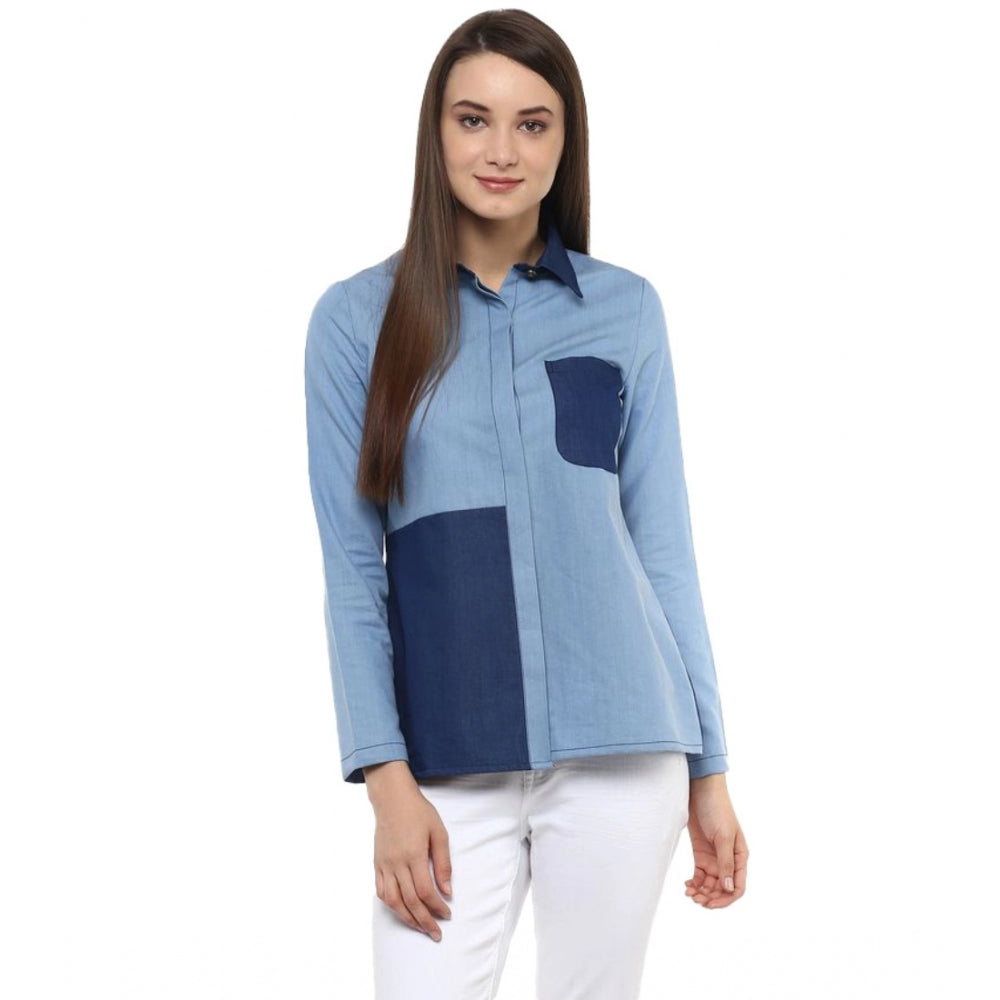 Generic Women's Denim Patch Work Long Sleeves Regular Top (Blue) Main image