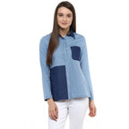 Generic Women's Denim Patch Work Long Sleeves Regular Top (Blue)