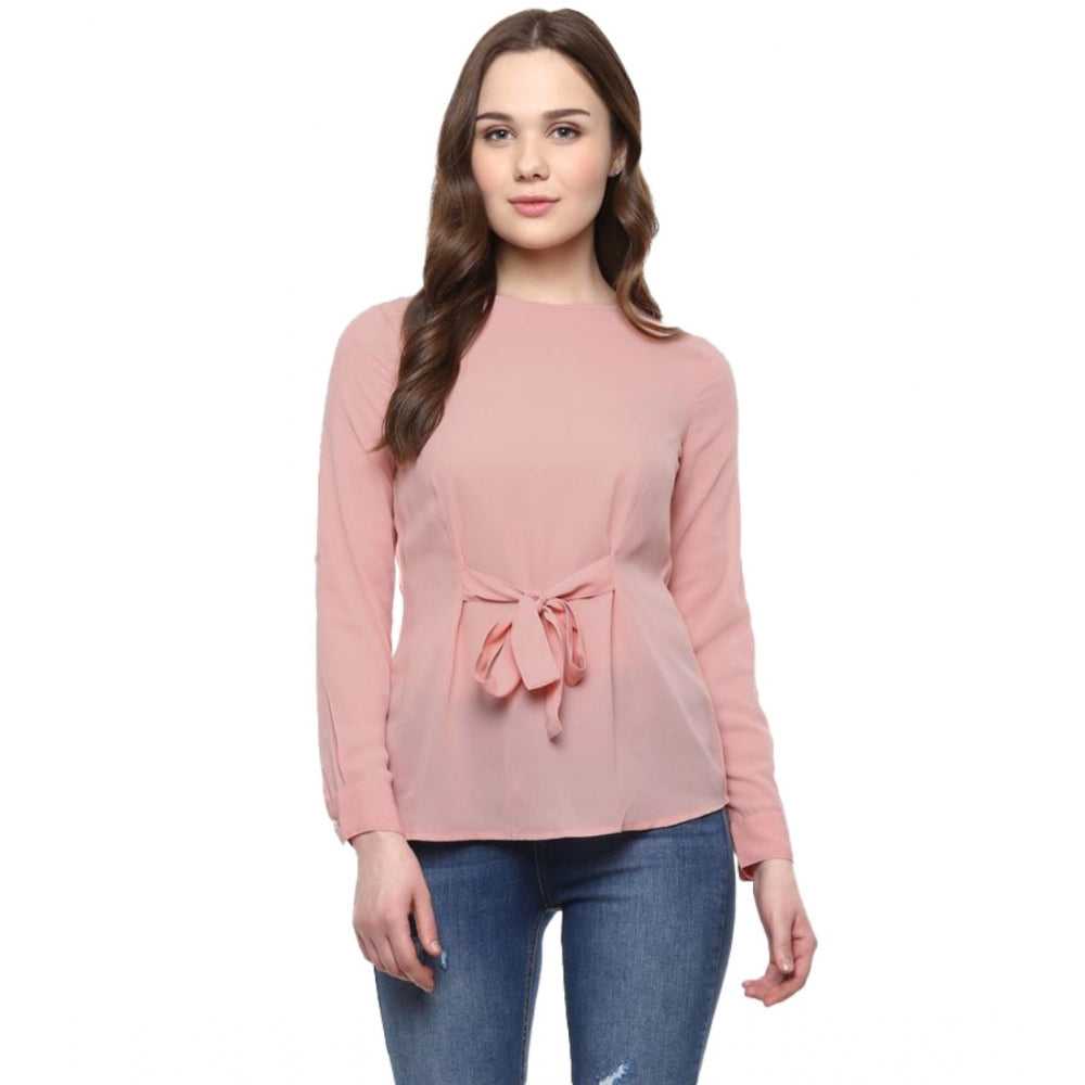 Generic Women's Polyester Solid Long Sleeves Regular Top (Pink)