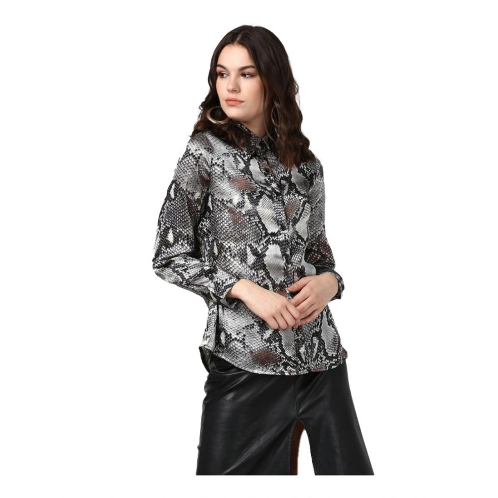 Generic Women's Satin Animal Print Long Sleeves Standard Length Shirt (Black - Grey) Main image