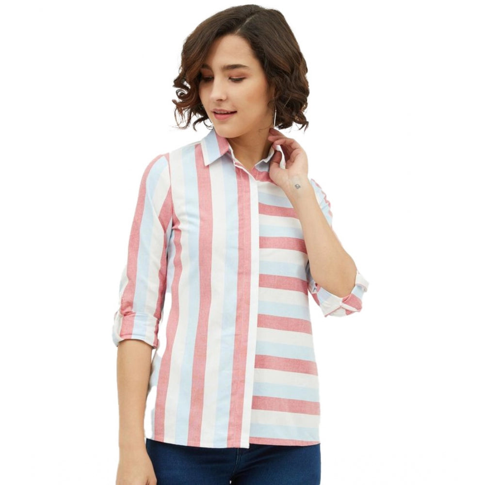 Generic Women's Cotton Striped Long Sleeves Standard Length Shirt (Pink) Main image