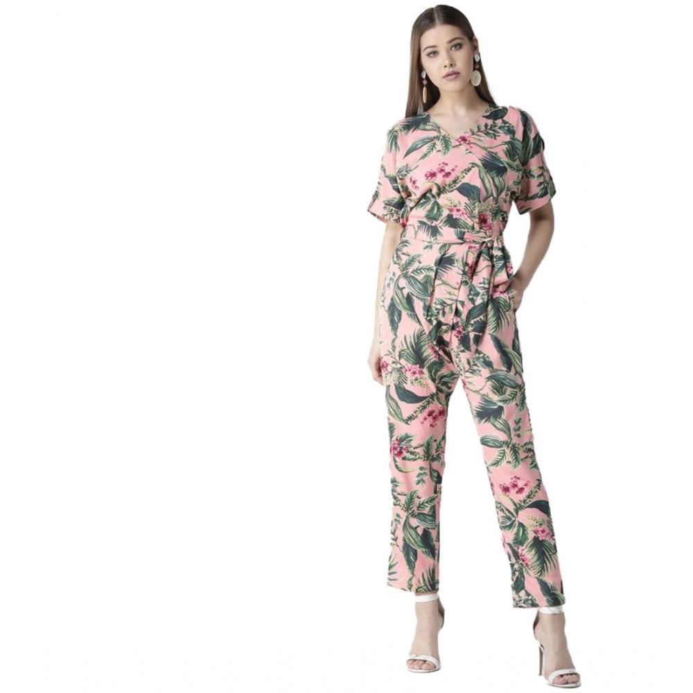 Generic Women's Polyester Floral Half Sleeve Jumpsuit (Pink) Main image